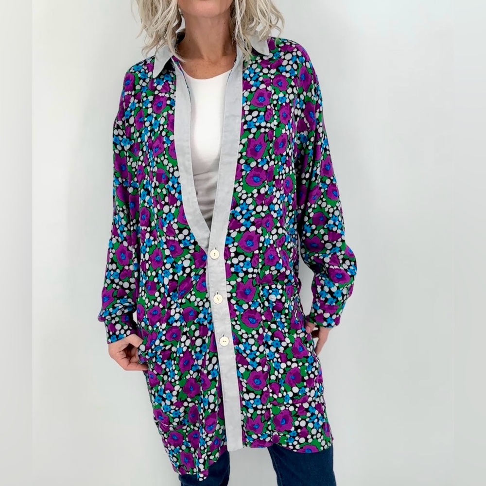 Retro Maximalist Oversized Floral Duster Shirt Dress Boho M/L Kimono Artsy Korea